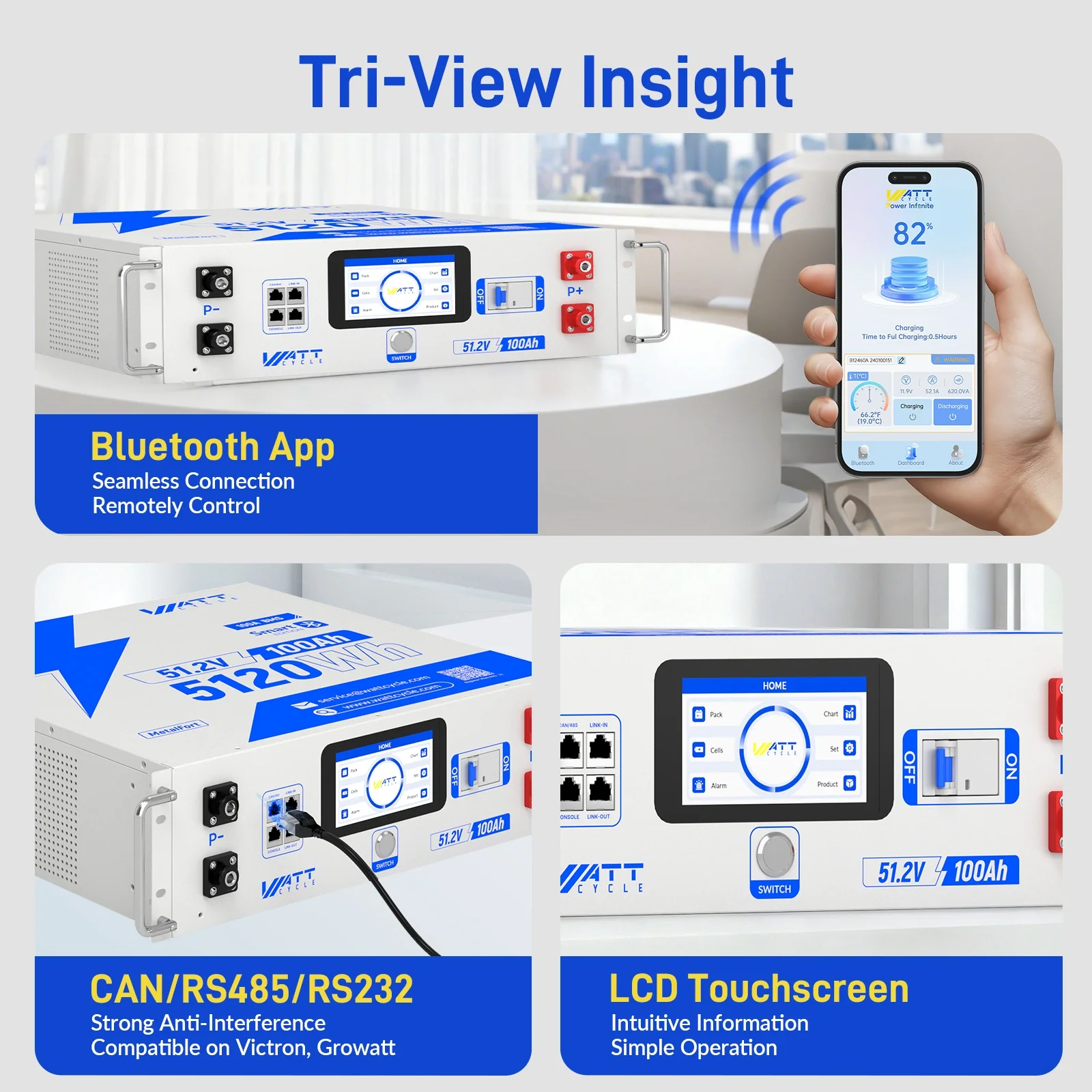 ⚡️ Sold Out: Restock on Jul 30 ⚡️V2.5 WattCycle 48V 100Ah Bluetooth LiFePO₄ Rack Battery – Active Balancing | LCD | Smart Comms - Image 4