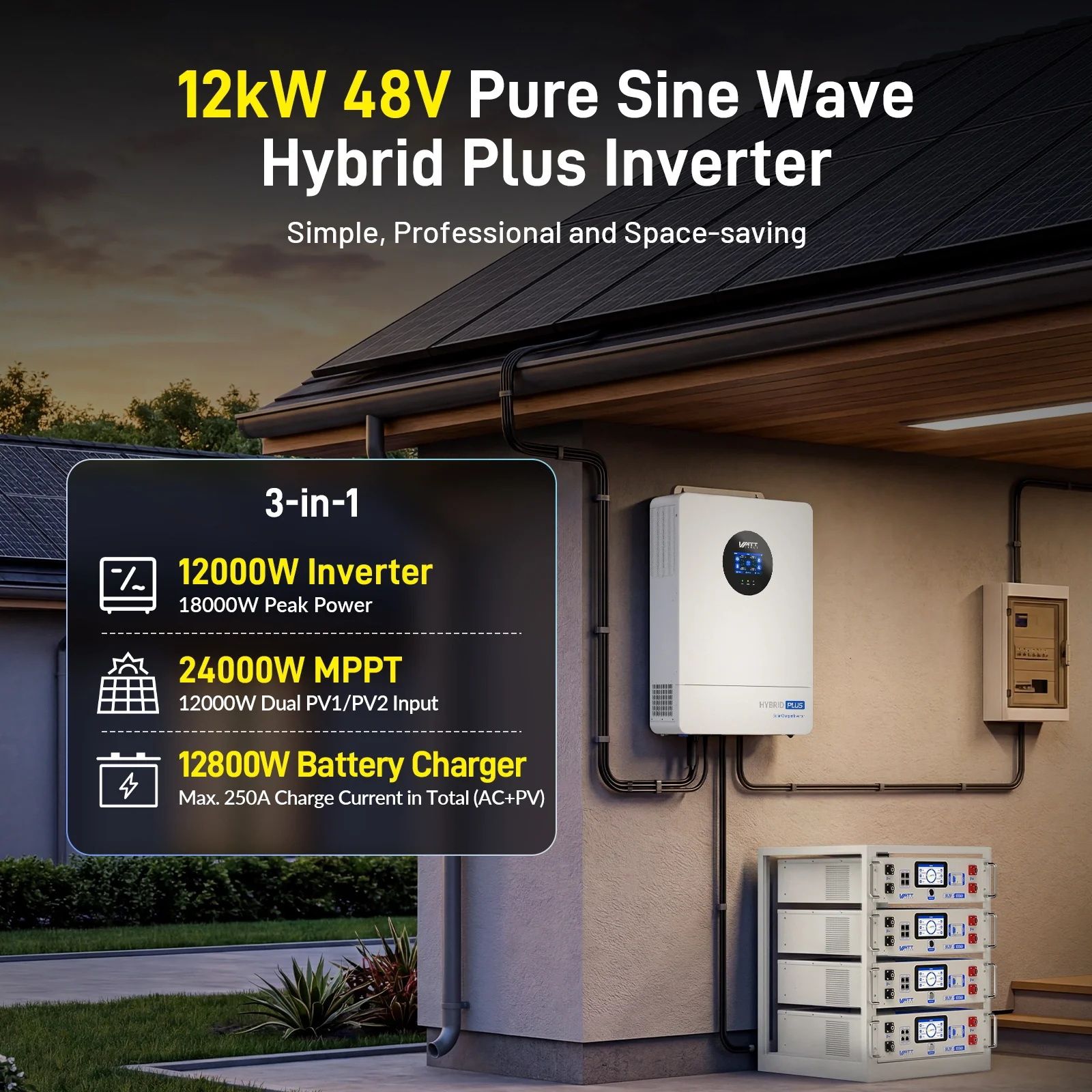 WattCycle V2 48V 12kW All-in-one Split Phase Hybrid Inverter - 120/240V, 24kW Dual MPPT, 250A Charger, Wi-Fi connection - Image 3