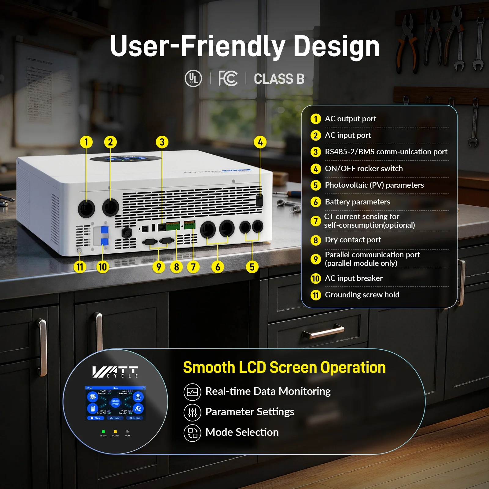 WattCycle V2 48V 12kW All-in-one Split Phase Hybrid Inverter - 120/240V, 24kW Dual MPPT, 250A Charger, Wi-Fi connection - Image 4