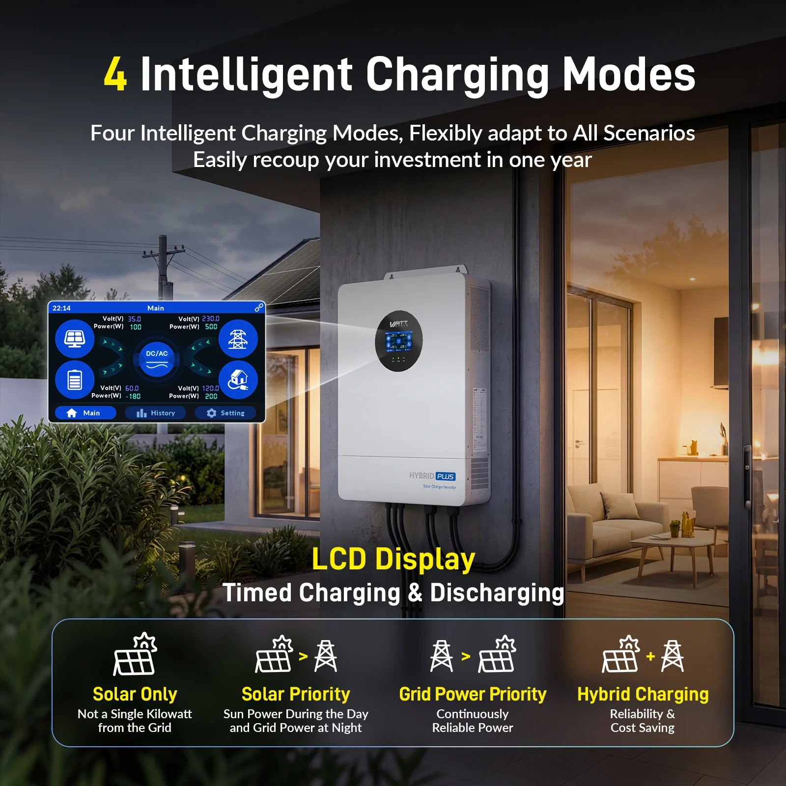 WattCycle V2 48V 12kW All-in-one Split Phase Hybrid Inverter - 120/240V, 24kW Dual MPPT, 250A Charger, Wi-Fi connection - Image 8