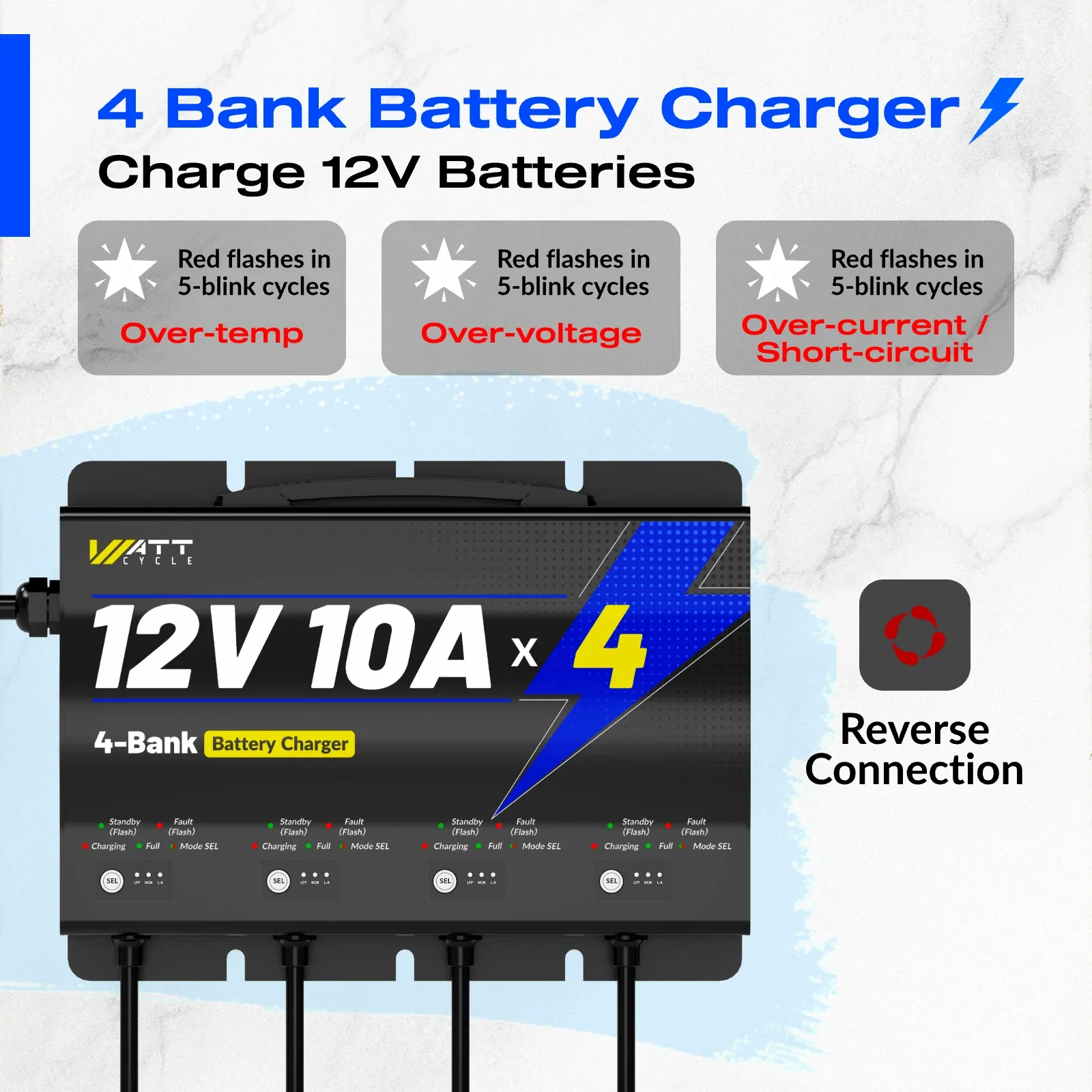 WattCycle 12V 10A 4 Bank Lithium/AGM/Lead Marine Waterproof Battery Charger - Image 3