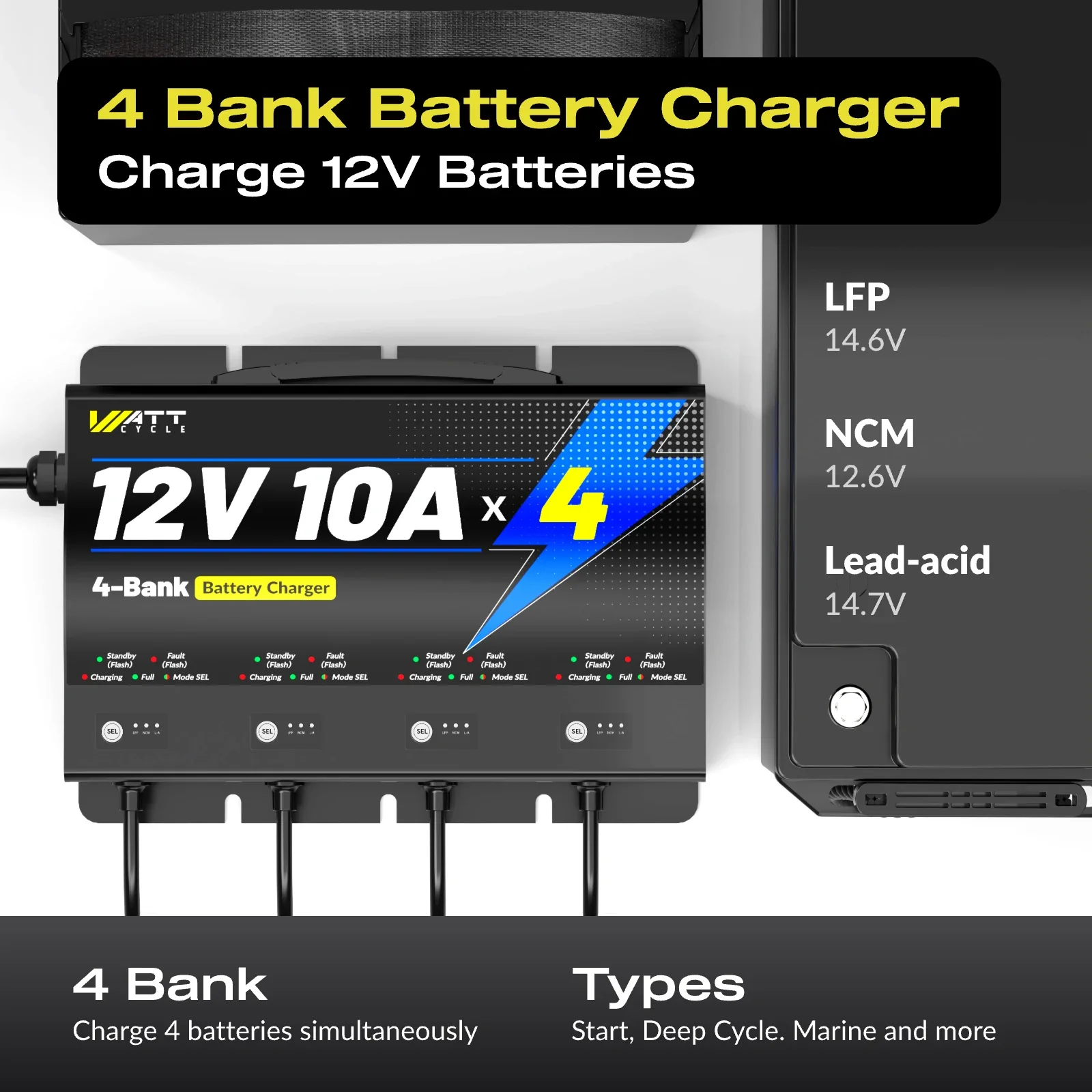 WattCycle 12V 10A 4 Bank Lithium/AGM/Lead Marine Waterproof Battery Charger - Image 4