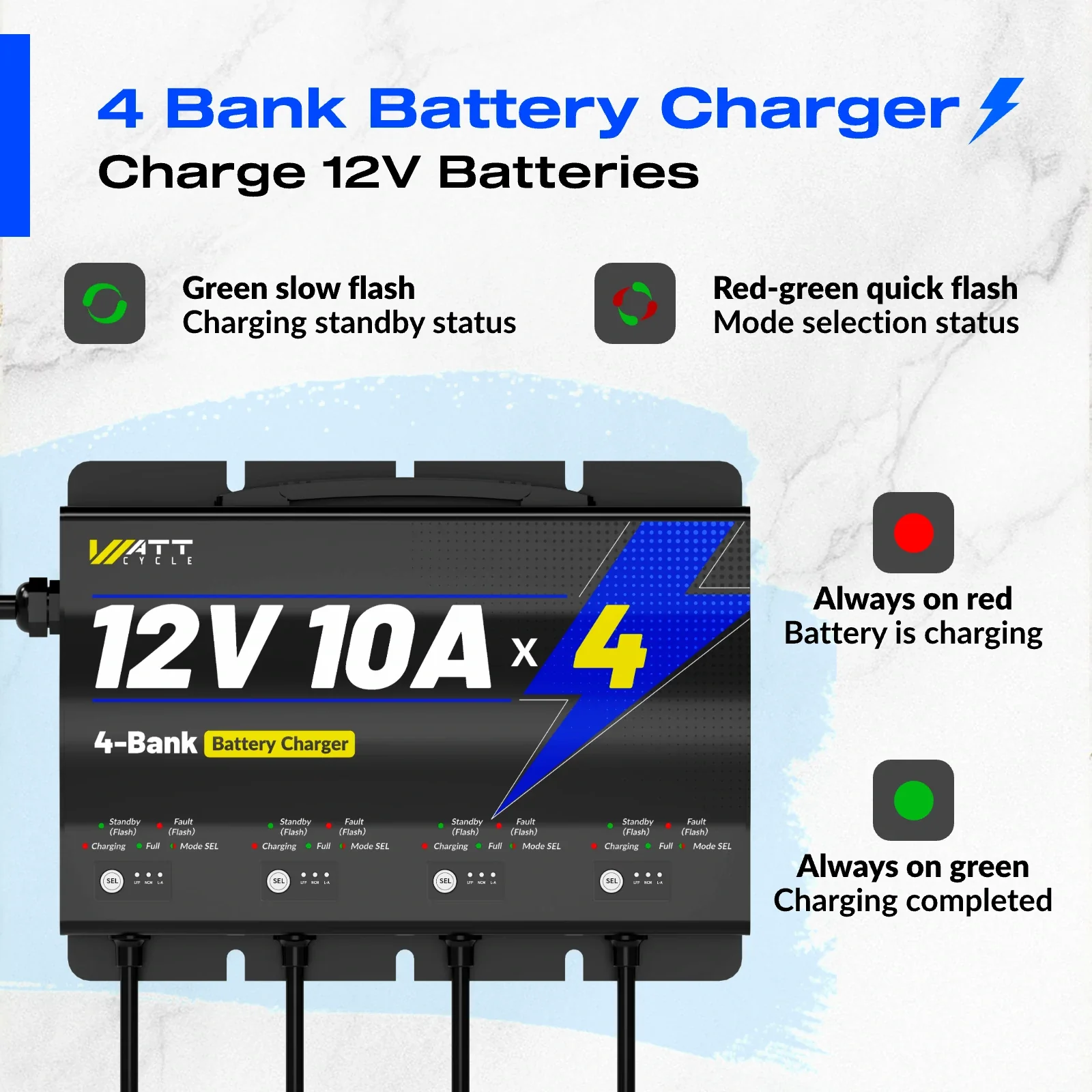 WattCycle 12V 10A 4 Bank Lithium/AGM/Lead Marine Waterproof Battery Charger - Image 5