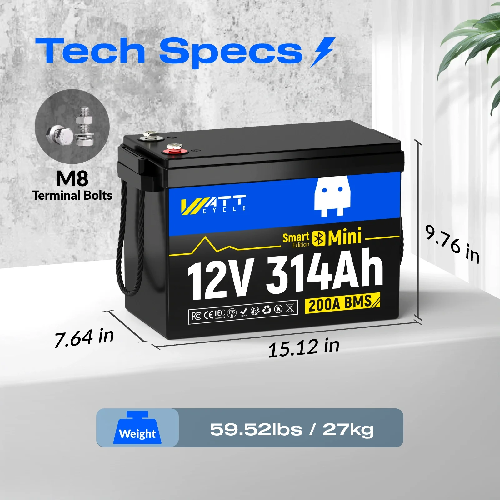 WattCycle 12V 314Ah Mini Bluetooth LiFePO4 Battery | Heavy-Gauge Internal Cabling & Continuous 200A BMS | Drop-in Upgrade for RV Solar - Image 3