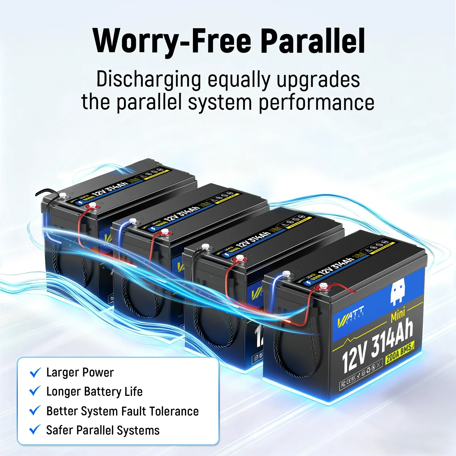 WattCycle 12V 314Ah Mini LiFePO4 Battery - Continuous 200A Discharge BMS | DIY Deep Cycle Solar System - Image 3