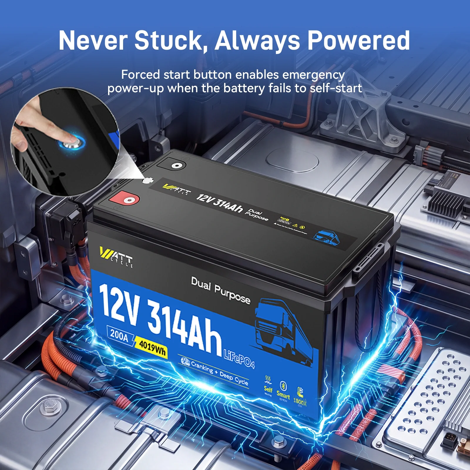 WattCycle Multitasker 12V 314Ah Dual Purpose LiFePO4 Battery | Semi Truck Starter & RV Backup | Bluetooth & Self-Heating | 1800 CCA - Image 3