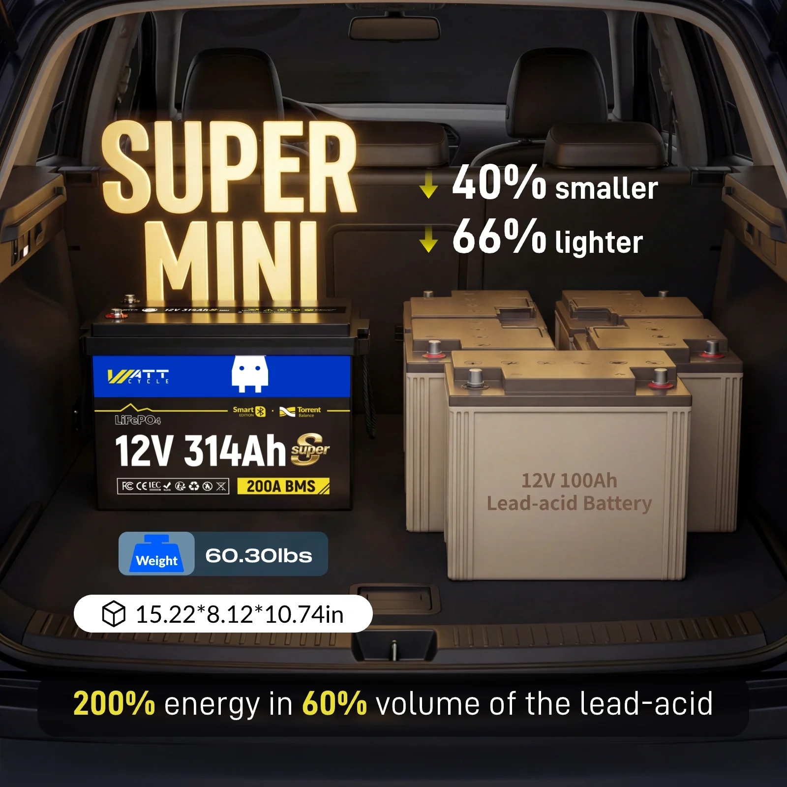 WattCycle 12V 314Ah Mini Super Bluetooth LiFePO4 Battery | 3A Active Balancer | Servic | Heavy-Gauge Internal Cabling - Image 3
