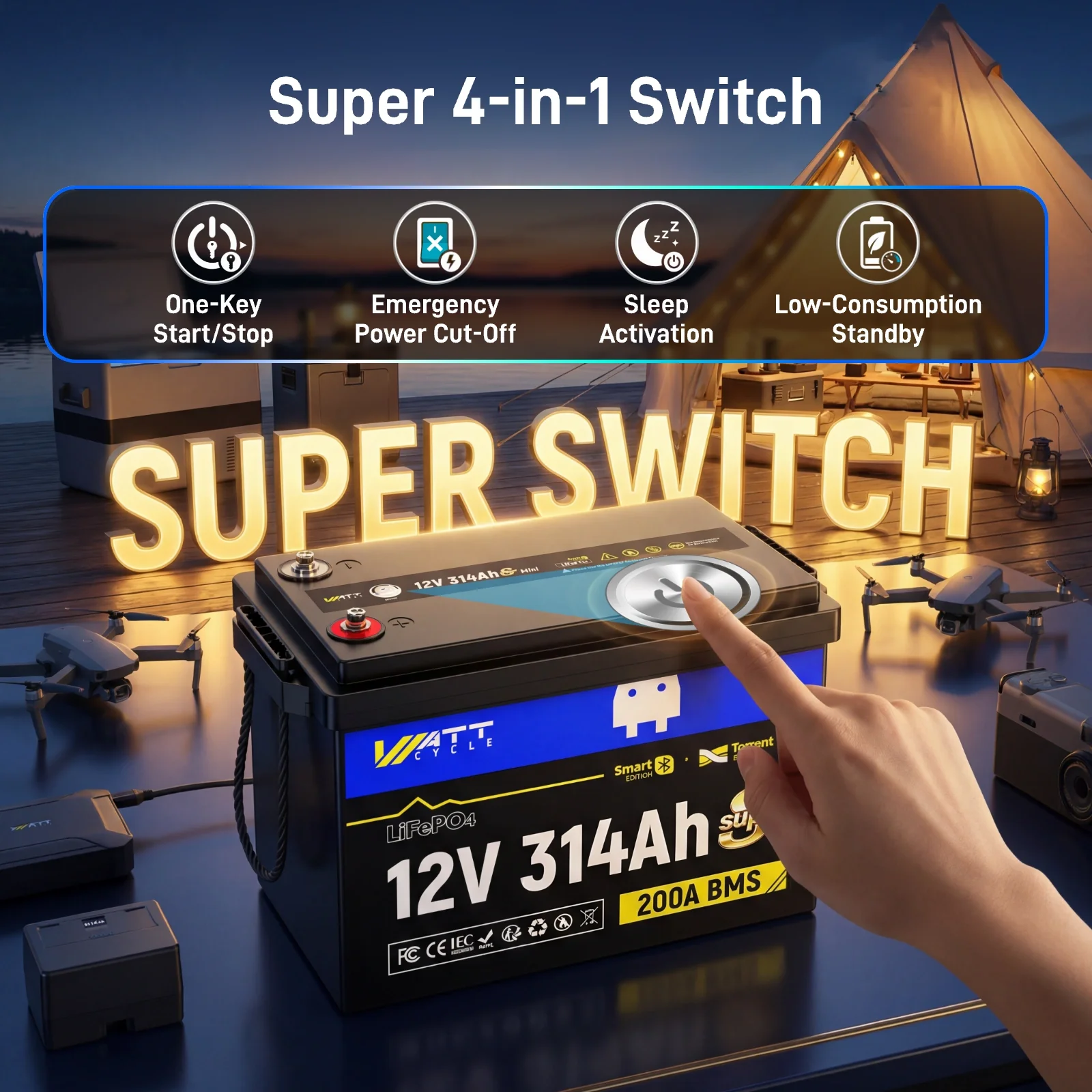 WattCycle 12V 314Ah Mini Super Bluetooth LiFePO4 Battery | 3A Active Balancer | Servic | Heavy-Gauge Internal Cabling - Image 5