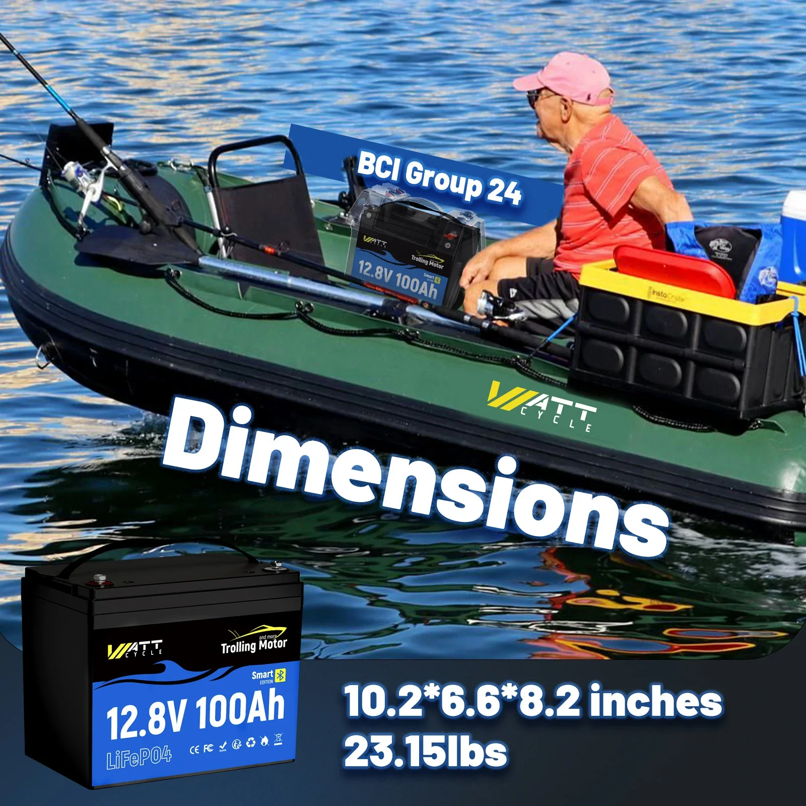 WattCycle 12V 100Ah TM Bluetooth LiFePO4 Battery with 120A BMS surge protection for 30-70lb Trolling Motors - Image 3