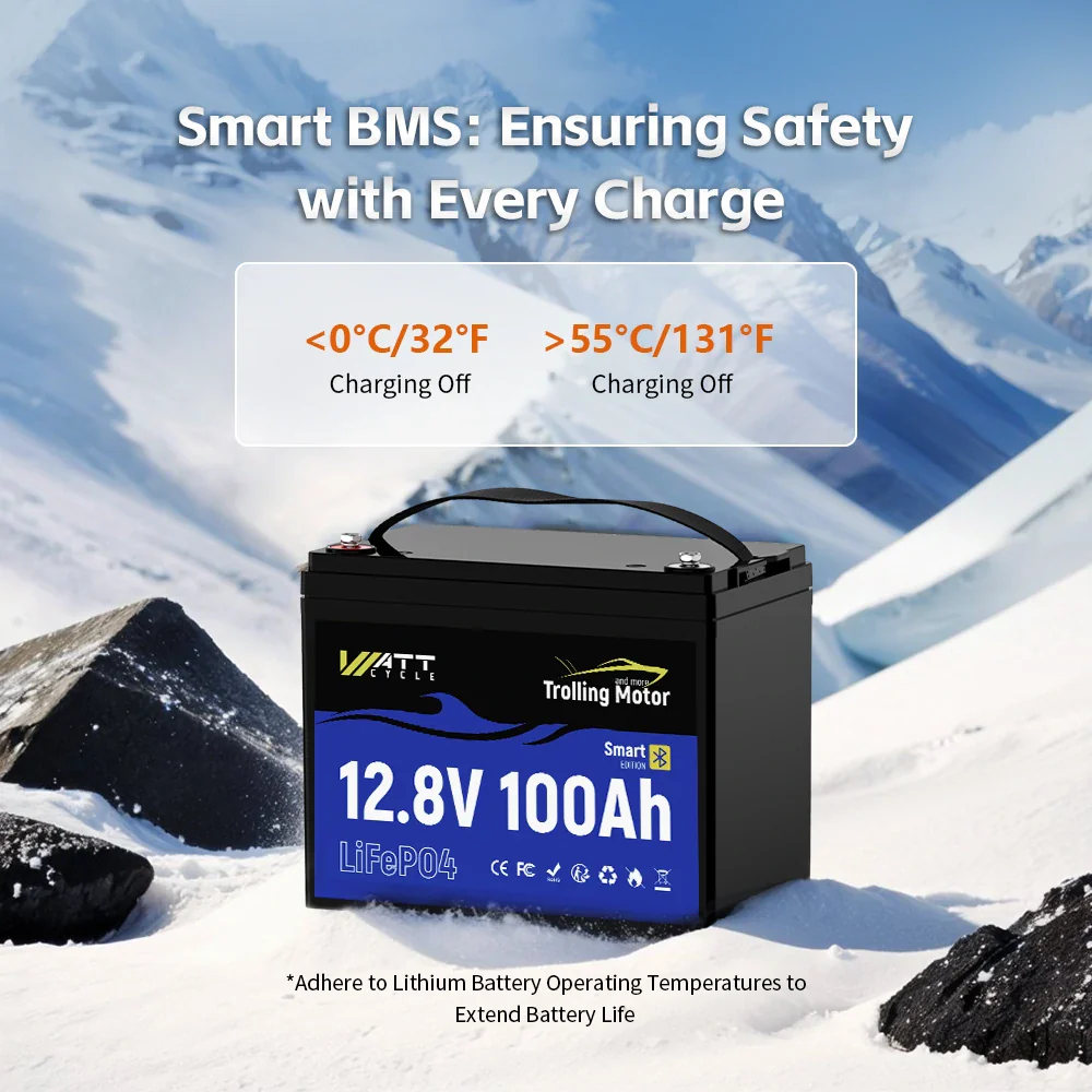 WattCycle 12V 100Ah TM Bluetooth LiFePO4 Battery with 120A BMS surge protection for 30-70lb Trolling Motors - Image 8