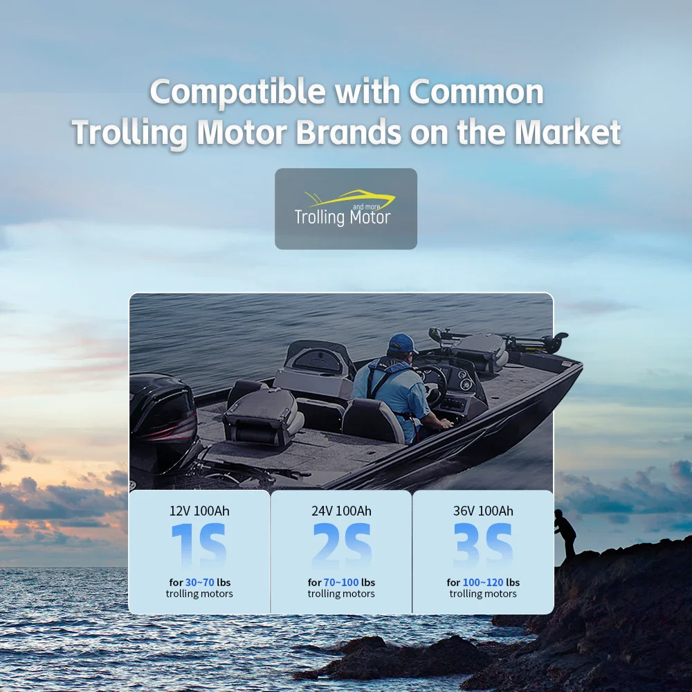 WattCycle 12V 100Ah TM Bluetooth LiFePO4 Battery with 120A BMS surge protection for 30-70lb Trolling Motors - Image 5