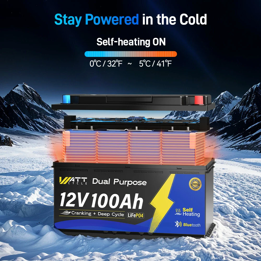 WattCycle 12V 100Ah 1200CCA Dual Purpose Marine Cranking Battery with Bluetooth and Self-heating - Image 5