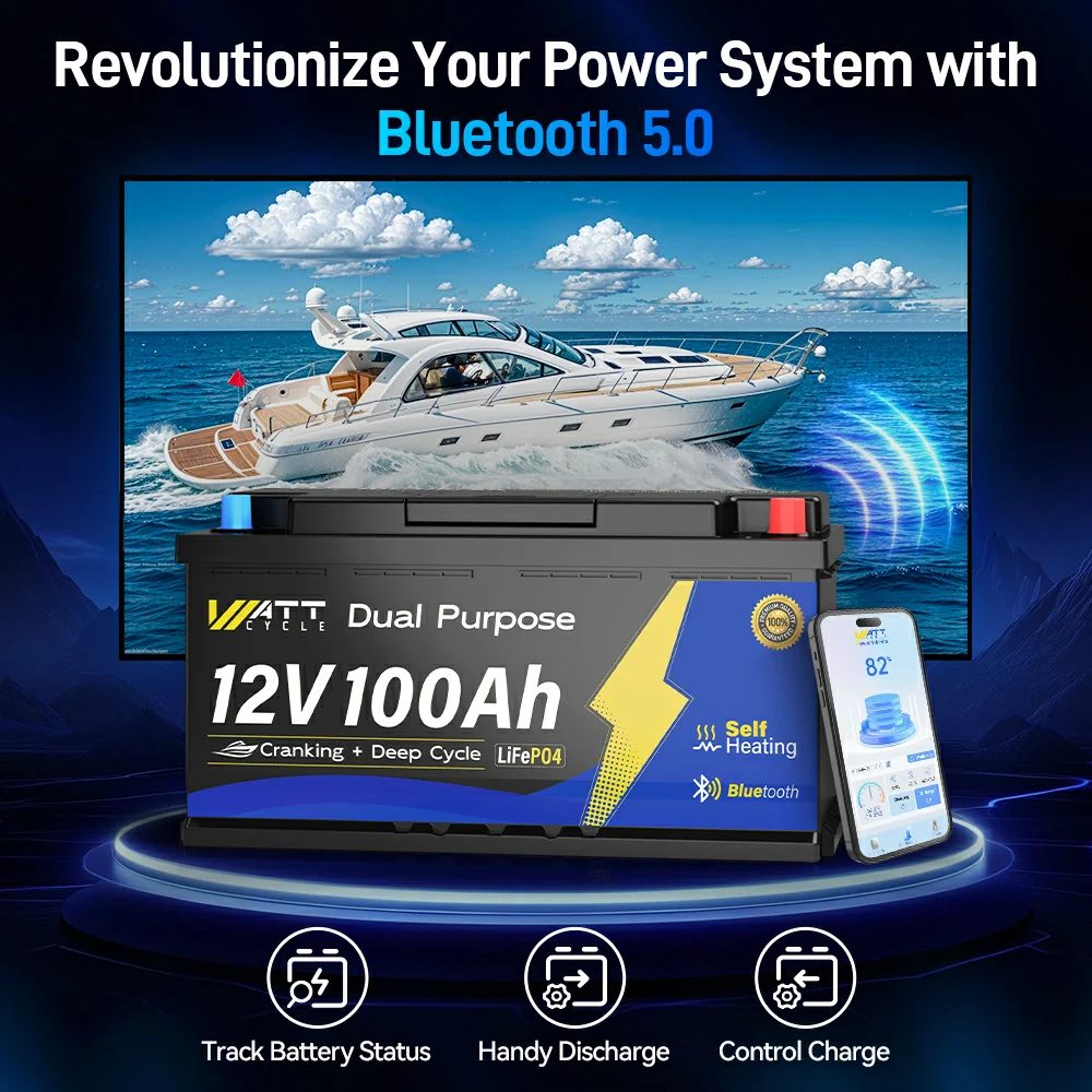 WattCycle 12V 100Ah 1200CCA Dual Purpose Marine Cranking Battery with Bluetooth and Self-heating - Image 6