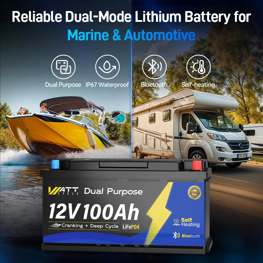WattCycle 12V 100Ah 1200CCA Dual Purpose Marine Cranking Battery with Bluetooth and Self-heating - Image 7