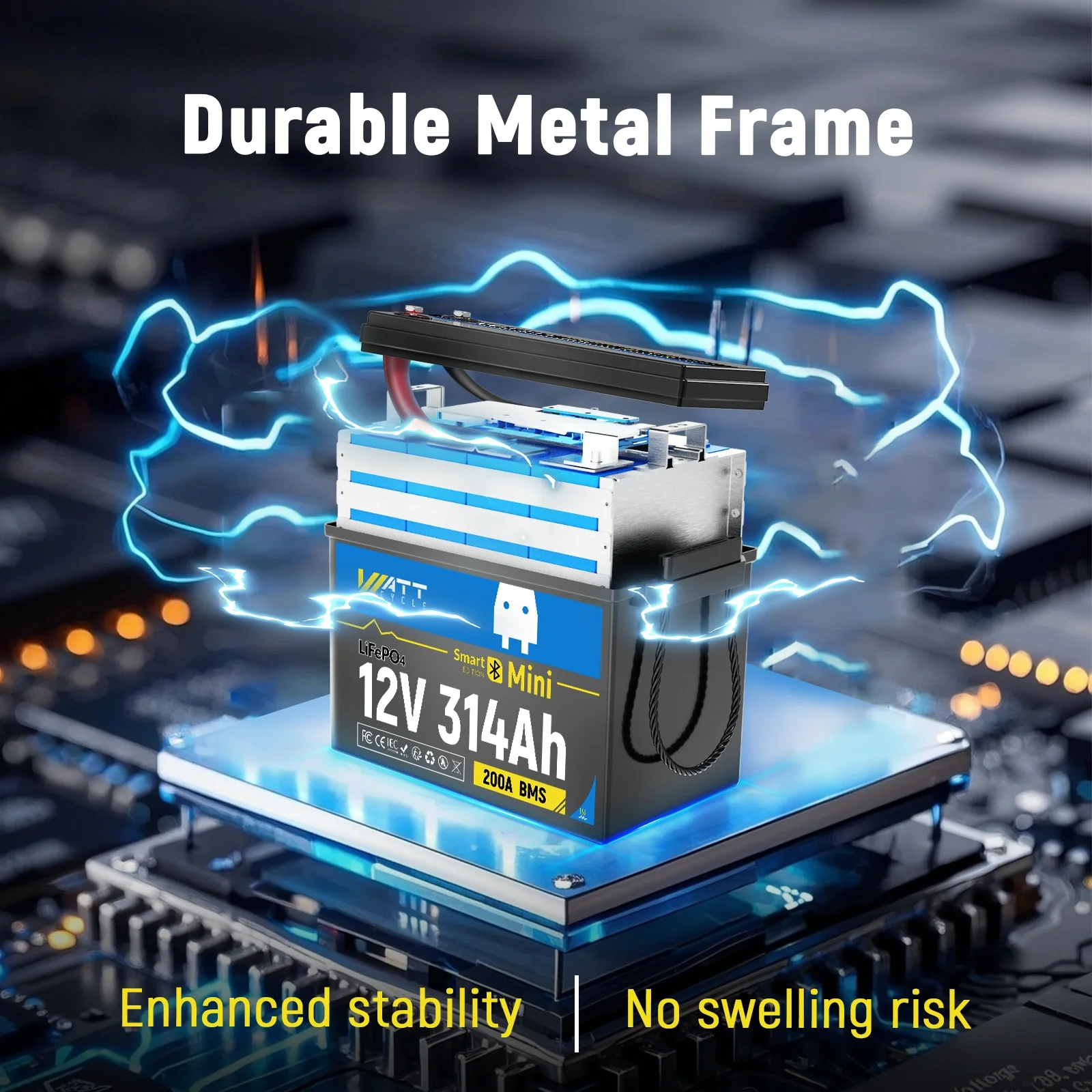 WattCycle 12V 314Ah Mini Heated & Bluetooth LiFePO₄ Battery | Heavy-Gauge Internal Cabling & Continuous 200A BMS - Image 3