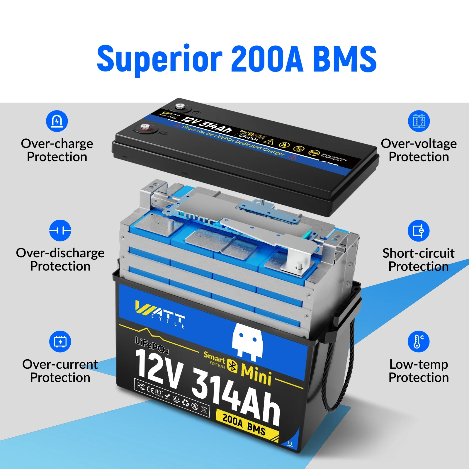 WattCycle 12V 314Ah Mini Heated & Bluetooth LiFePO₄ Battery | Heavy-Gauge Internal Cabling & Continuous 200A BMS - Image 5