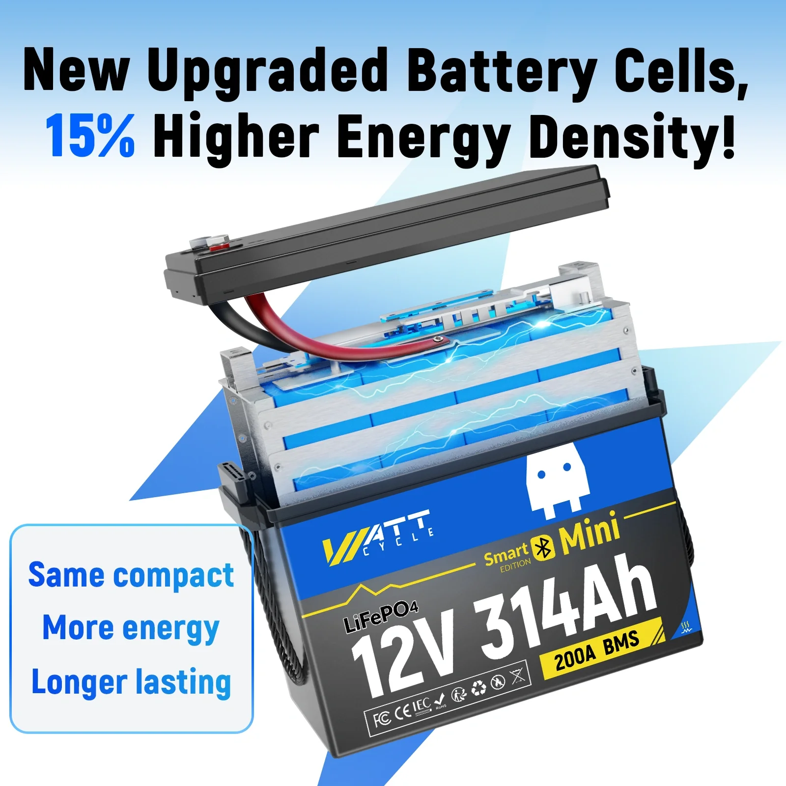 WattCycle 12V 314Ah Mini Heated & Bluetooth LiFePO₄ Battery | Heavy-Gauge Internal Cabling & Continuous 200A BMS - Image 8